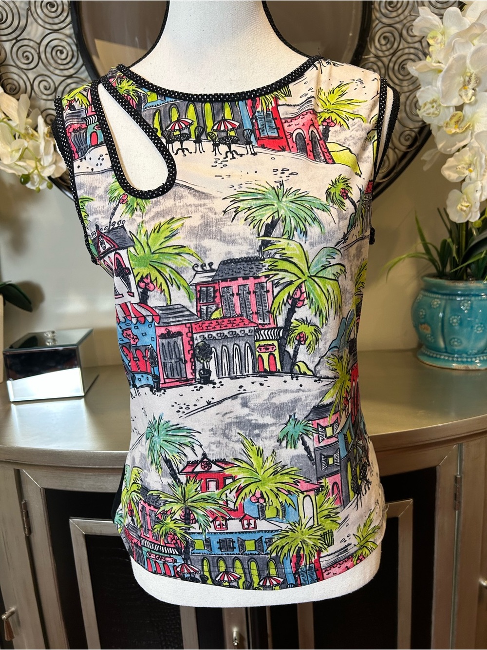 Linda Segal Tropical Print Long Sleeve Tee with Cutout - Pink/Green